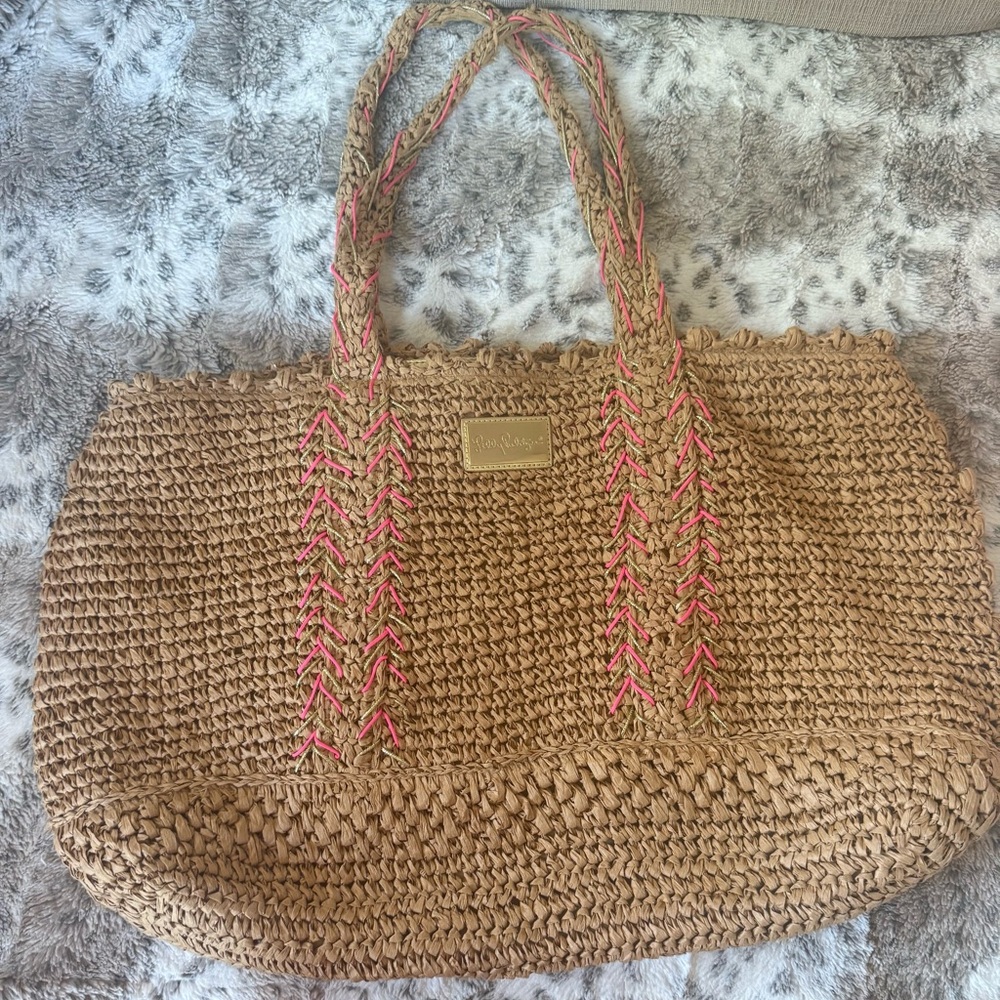 Lily Pulitzer Tan and Pink Woven Tote